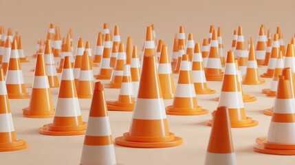Multiple Traffic Cones Arranged Uniformly on a Neutral Background, Creating a Striking Visual of Order and Structure in a Design Context