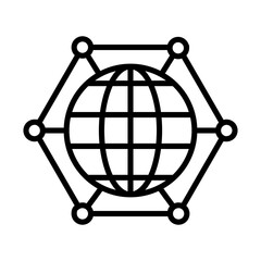 Global Network Icon in Hexagon Shape with Lines, Isolated on White Background