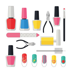 Vector collection of manicure and pedicure tools with colorful nail polishes and art samples