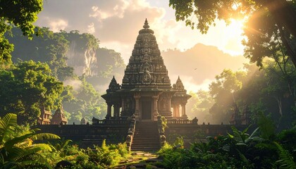 Ancient Temple in Lush Jungle at Sunrise