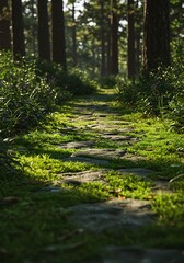 Fototapeta premium Sun-Dappled Stone Path: Forest's Embrace