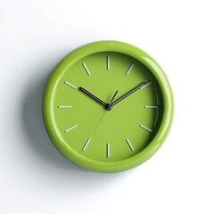 A vibrant lime-green analog wall clock with simple black hands and markers, set against a stark white background