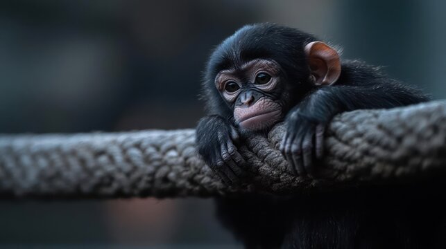 Introspective primate portrait conveying curiosity and vulnerability in a moody setting