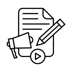 Document with Pencil and Megaphone Icon, Isolated on White Background
