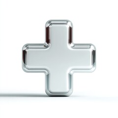 Obraz premium A chrome-plated, three-dimensional plus sign, rendered against a stark white backdrop, casts a subtle shadow