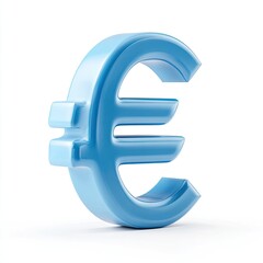 Fototapeta premium A three-dimensional, light-blue euro symbol, rendered with a glossy, smooth surface against a stark white backdrop