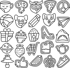 Doodle Sticker Icon Set – Hand Drawn Outline Cartoon of Food, Animal, Object, Symbol, Shopping, Nature, Funny Cute Kawaii Vector Pack for Digital Sticker, Emoji, Emoticon, Social Media, Decoration