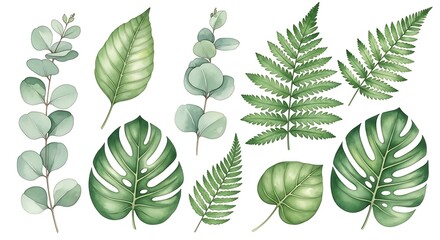 Fototapeta premium Watercolor botanical illustration set of tropical leaves and branches.