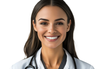 Friendly healthcare professional with stethoscope smiling confidently in a white coat showcasing excellent patient care in a medical setting environment