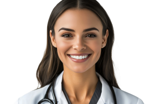 Friendly healthcare professional with stethoscope smiling confidently in a white coat showcasing excellent patient care in a medical setting environment - Powered by Adobe