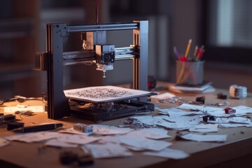 A 3D printer is at work on a desk cluttered with sketches, papers, and tools in a cozy workspace during the evening