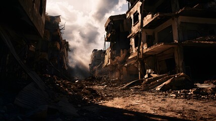 Fototapeta premium War-devastated cityscape aftershocks ruins
