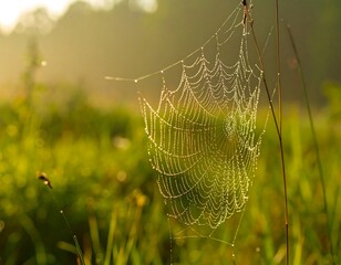 Dew-kissed spiderweb in the morning