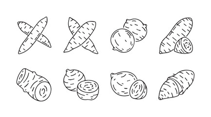 Collection of hand drawn root vegetables and slices in a distinctive silhouette style