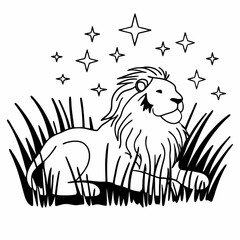 Minimilist lion resting in tall grass under a starlit sky in a black and white line drawing illustration style vector