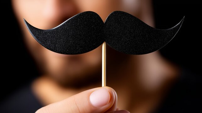 A man holds a paper mustache on a stick in his hands to draw attention to the movement. Focus on men's health and charity.