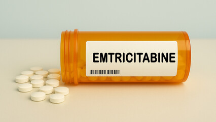 Box of EMTRICITABINE tablets on a hospital pharmacy table used to treat HIV infection a reverse...