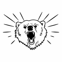 Minimilist illustration of a roaring bear head with sharp teeth and radiating lines in black and white style design vector
