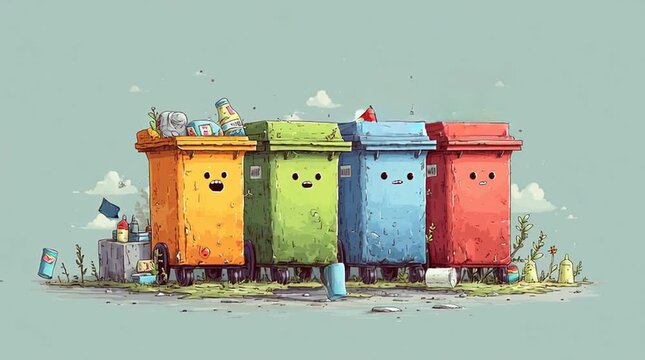 Animated colorful recycling bins in cartoon style. Fun eco-friendly animation for waste segregation, kids education, and green projects.