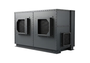 Dark grey, rugged, riveted industrial cooling unit with robust ventilation grates, isolated against a clean, transparent background, subtle shadow, concept of industrial strength and resilience