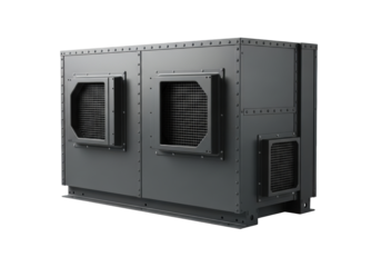 Dark grey, rugged, riveted industrial cooling unit with robust ventilation grates, isolated against a clean, transparent background, subtle shadow, concept of industrial strength and resilience