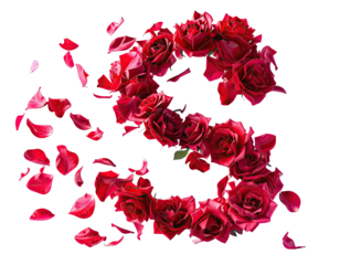 Red rose letter "S" design, scattered petals