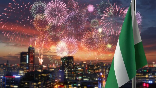 Nigerian flag independence day with green-white-green stripes waving over vibrant city fireworks in red, purple, and yellow celebration.