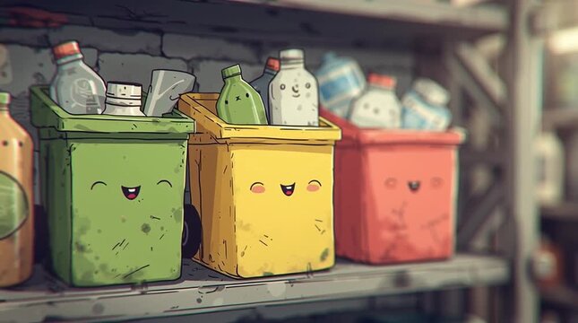 Animated colorful recycling bins in cartoon style. Fun eco-friendly animation for waste segregation, kids education, and green projects.