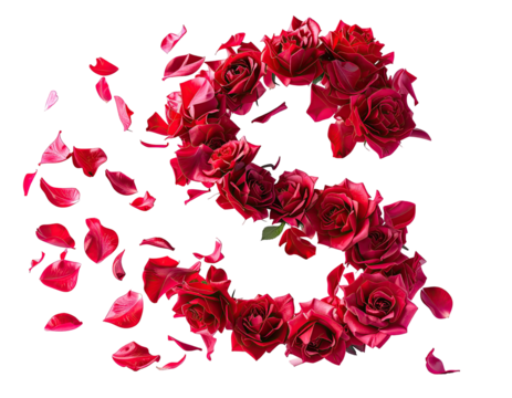 Red rose letter "S" design, scattered petals