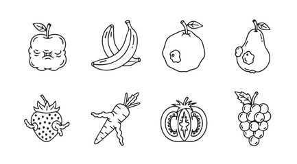 Collection of hand drawn fruit and vegetable silhouettes with unique textures