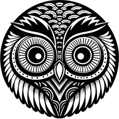 Minimilist stylized owl face in black and white with intricate feather and eye details in a circular design format vector