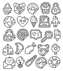 Hand drawn doodle sticker icon set, cute food, animal, heart, ice cream, donut, cupcake, french fries, dog, monkey, nature, social media, travel, laptop, light bulb, backpack, love and summer symbols