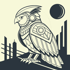 Minimilist stylized owl perched against a cityscape with a crescent moon in the background in black and white art vector