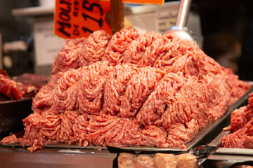 Mexico City, Mexico; November 1, 2025: Stalls selling fresh meat at the Mercado de la Merced market in Mexico City.