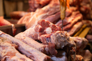 Mexico City, Mexico; November 1, 2025: Oxtail. Stalls selling fresh meat at the Mercado de la Merced market in Mexico City.