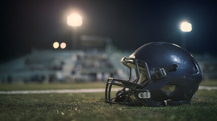 Fototapeta premium Close-up of football helmet on field, bright stadium lights