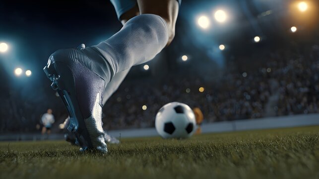 Close-up of pro soccer player striking ball in stadium