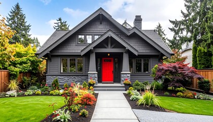 Obraz premium A beautiful, two-story house with dark gray siding, a red front door, and lush landscaping. A concrete pathway leads to the entrance