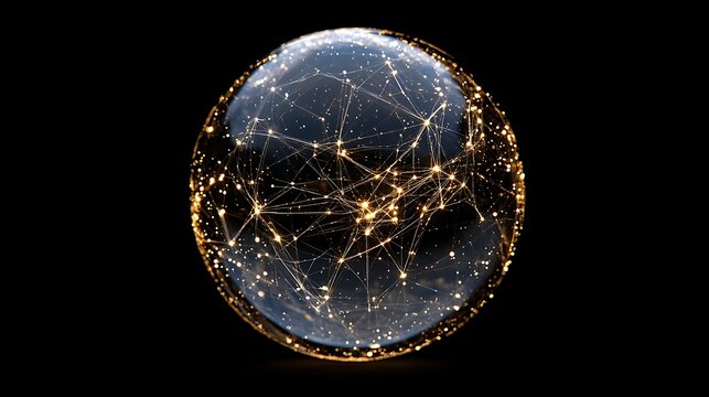 A glowing sphere with intricate network of light, symbolizing global connectivity and technological advancement in a futuristic setting