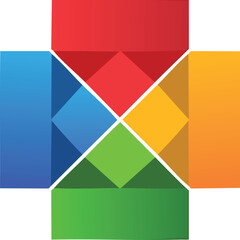 Four colorful, overlapping geometric shapes creating a dynamic, abstract symbol. A modern vector logo for a creative business, technology, or media company. Generative AI