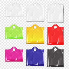 Clear plastic bag with die cut round handles. Realistic vector mockup. White, black, color. Easy to edit.  Die-cut circle handle shopper bag. Mock-up. Polyethylene transparent package. Template set
