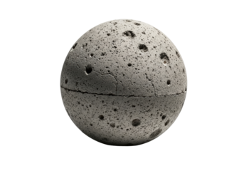 Photorealistic close-up of a weathered, dull grey concrete orb with pockmarked texture & chipped edges, hard light & deep shadow on white studio background, industrial prototype concept