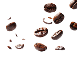 Coffee beans in mid-air, dark background