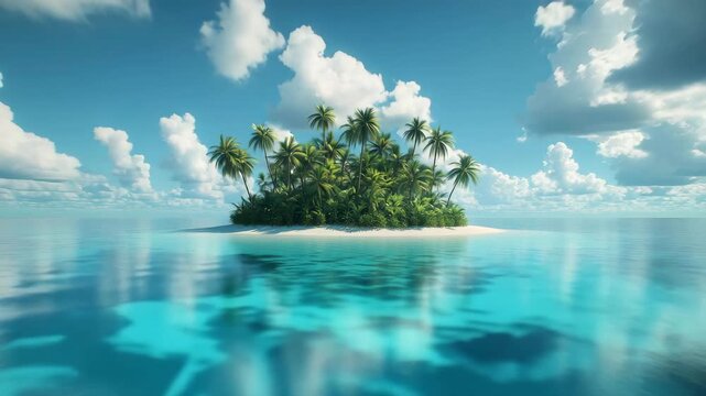 A tropical island with palm trees surrounded by turquoise waters under a vivid blue sky and fluffy clouds; pristine and secluded paradise.