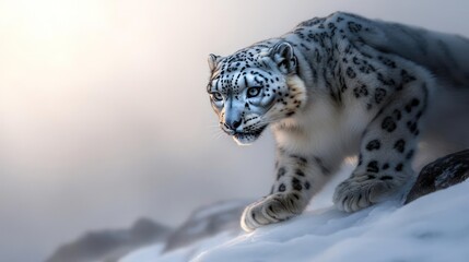 Fototapeta premium Snow leopard portrait amid snowy mountains, an apex predator in its natural habitat