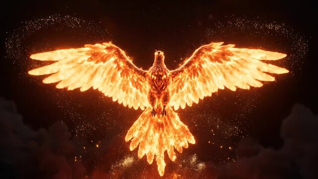 Fiery Phoenix rising from ethereal flames, symbolizing rebirth, transformation, and resilience in dynamic video sequence