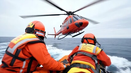 Rescue operation at sea with helicopter and responders during cloudy afternoon
