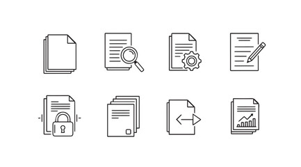Collection of document and file icons with various functions silhouette