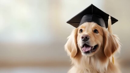 Happy golden retriever wearing a graduation cap celebrating achievement in a bright indoor setting
