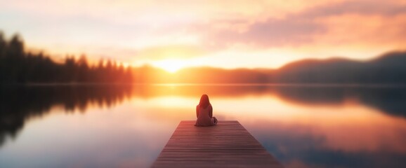 Woman on dock, serene lake view at sunset